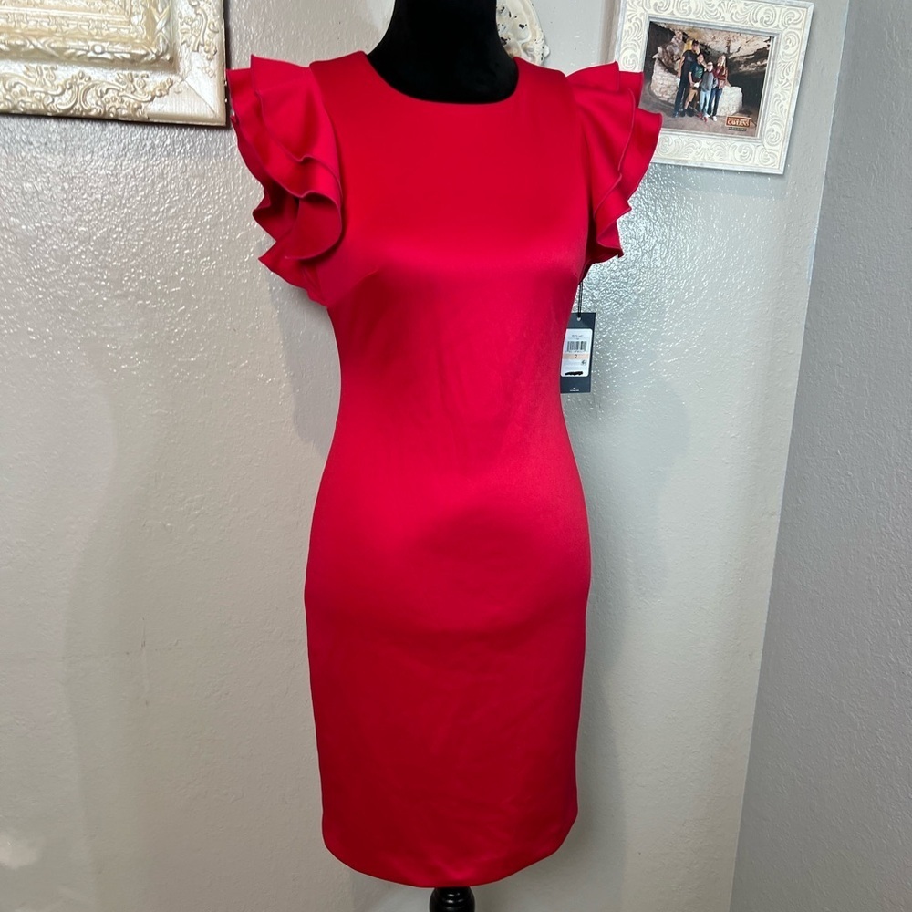 NWT Tommy Hilfiger Dark Pink Almost Red Ruffle Sleeve Midi Dress